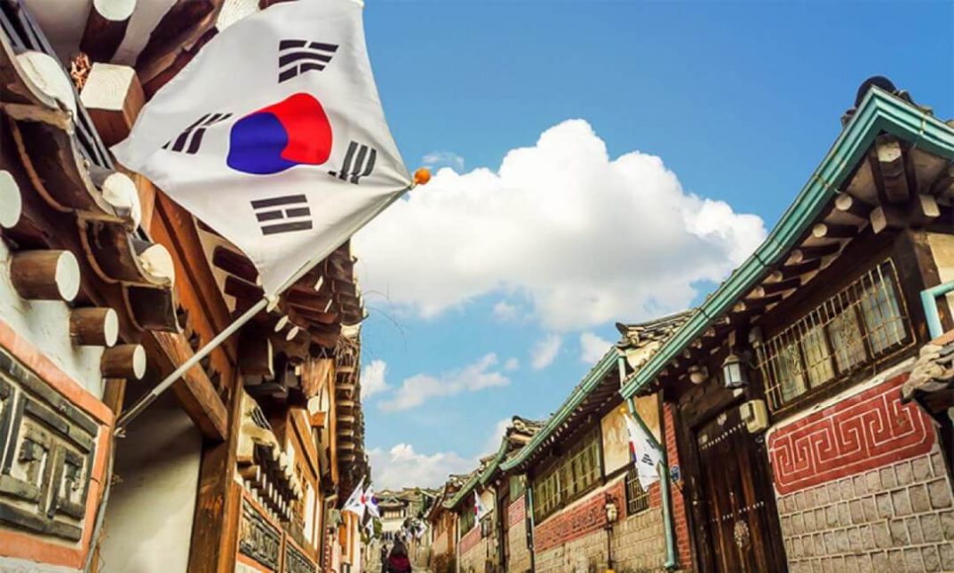 south korea flags hanged in hanoks