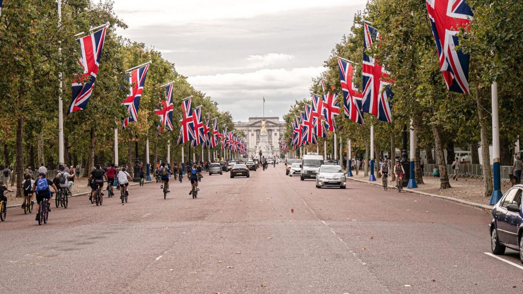 multiple british flags london uk