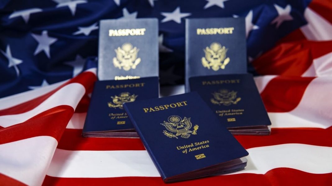 us passports on usa flag