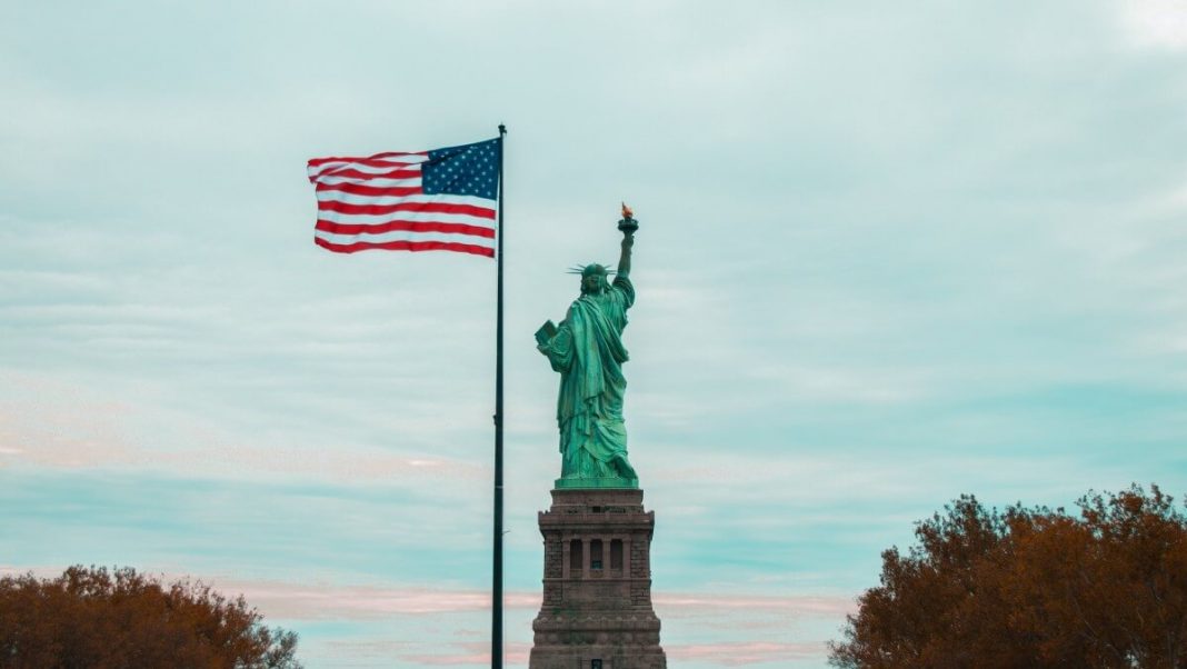 usa flag and statue of liberty view