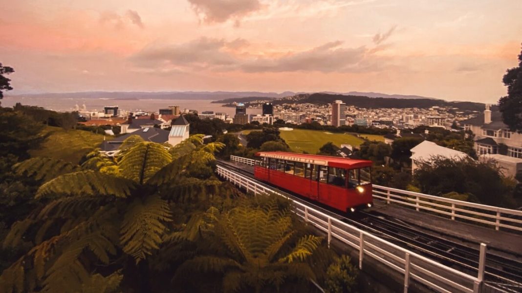 red train city view wellington new zealand
