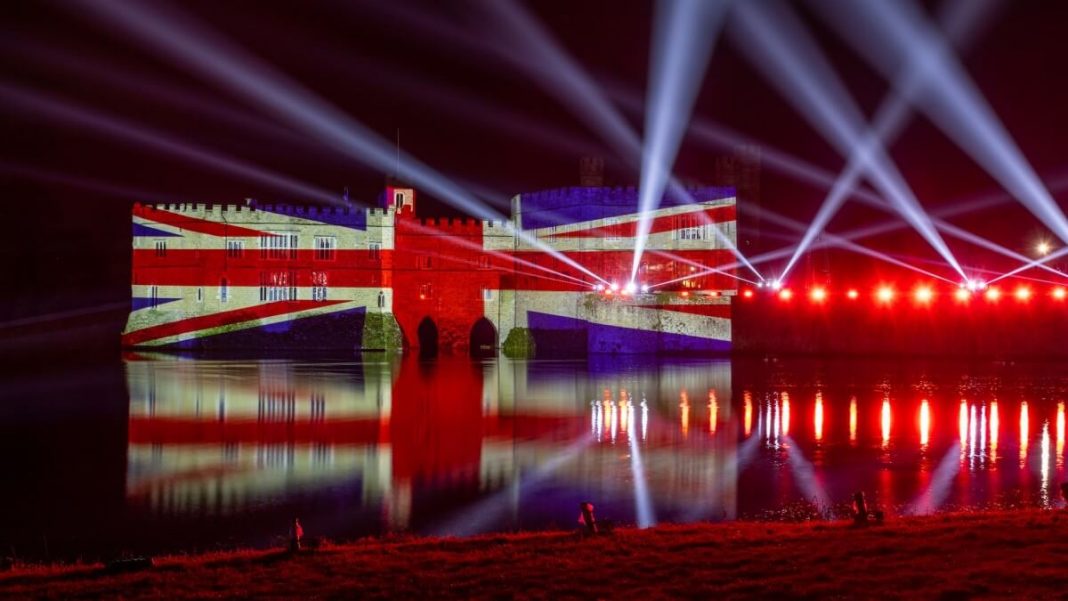 uk flag lit up on leeds castle maidstone uk