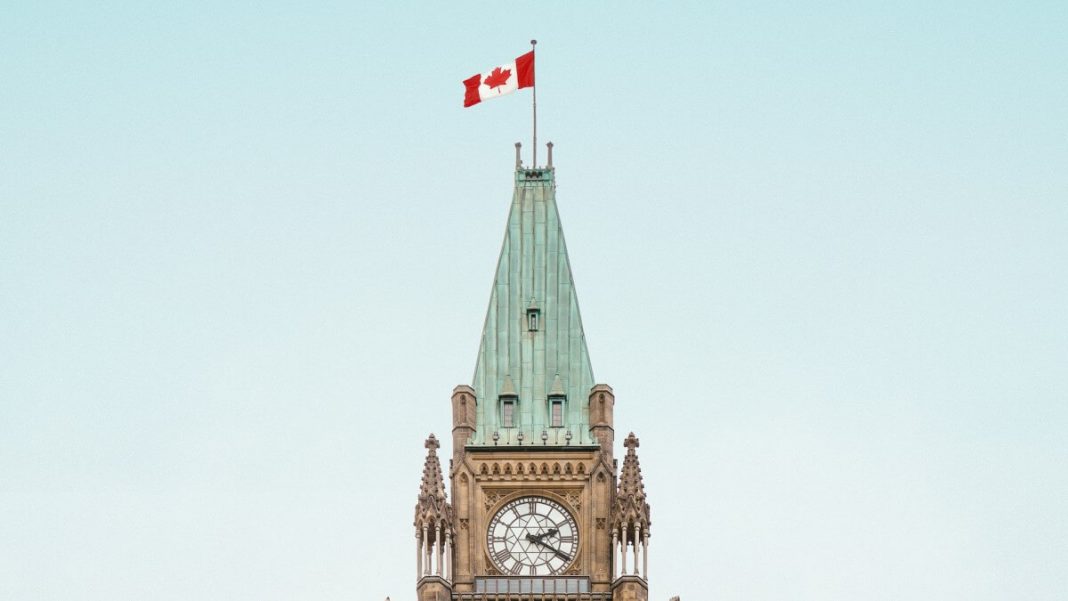 canada flag hanged up in the building