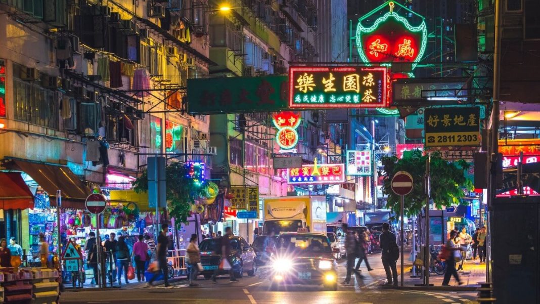 hong kong city neon lights nighttime
