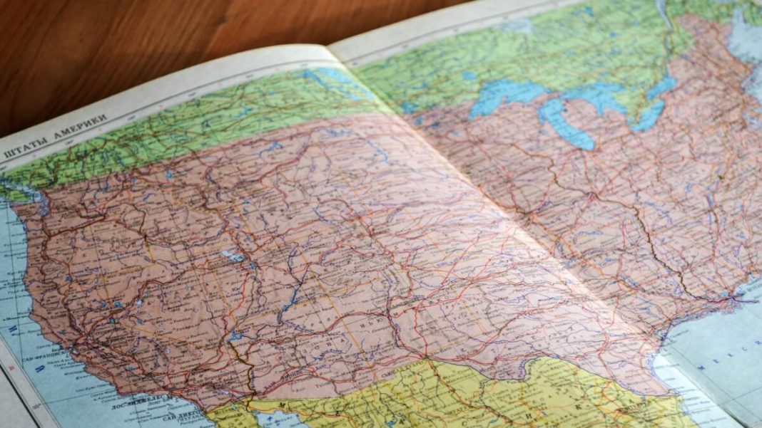 pink map of usa on atlas