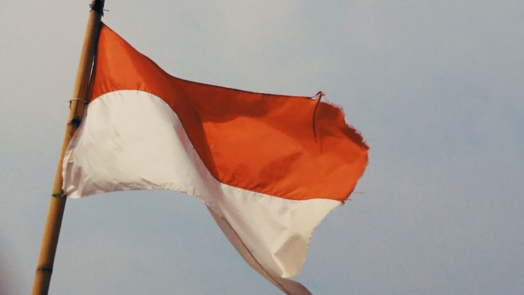 indonesia flag waving up on wooden flagpole