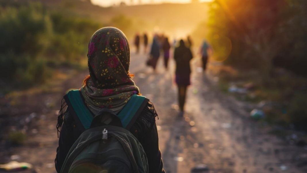 group of refugees and asylum seekers walking together down a dusty road