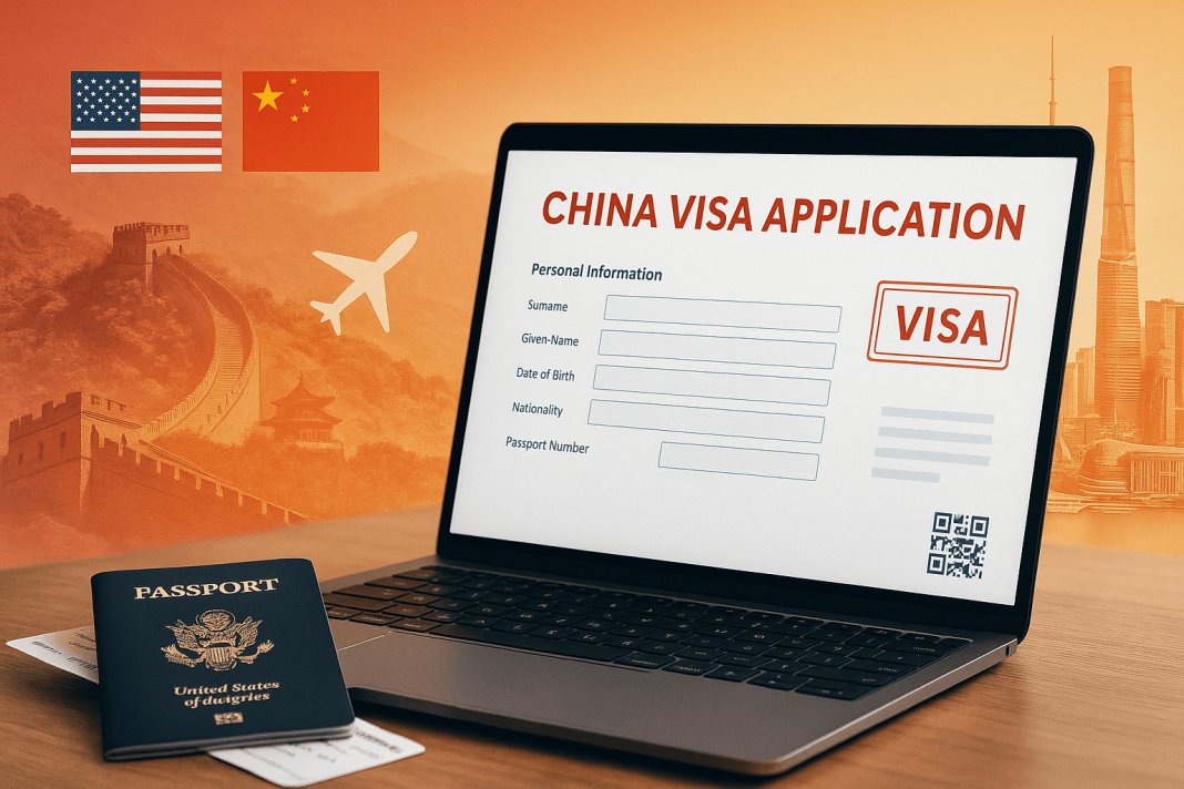 Laptop showing China visa application form, with a U.S. passport and boarding pass on a desk, Great Wall and Shanghai skyline in the background, U.S. and China flags.