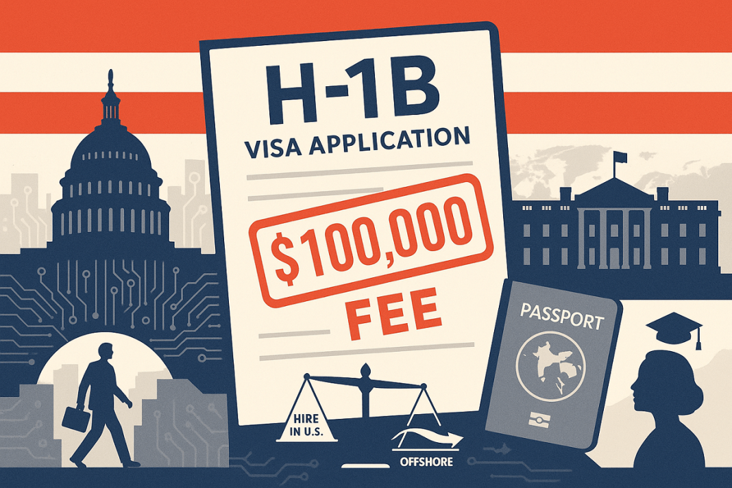 H-1B visa application showing $100,000 fee with U.S. Capitol, White House, passport, and worker silhouette