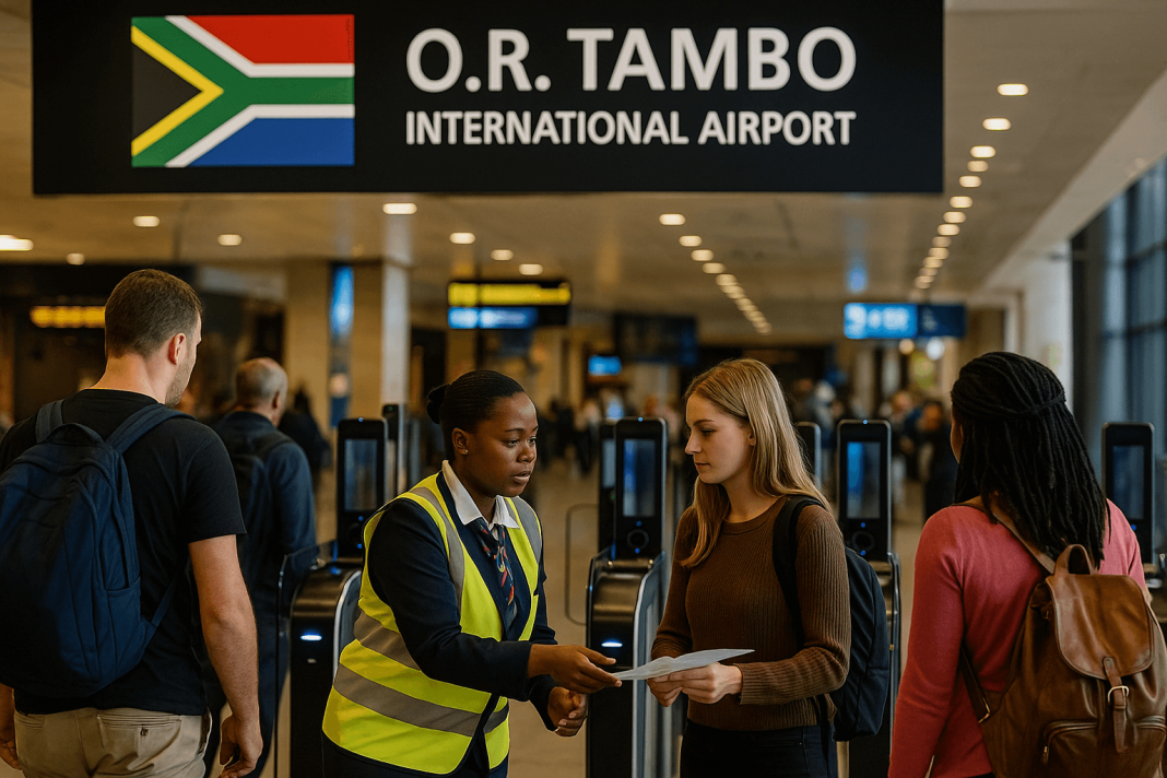 O.R. Tambo International Airport check in hall with South African flag, staff assisting travelers near automated e-gates during South Africa's AI ETA rollout.