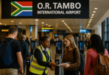 O.R. Tambo International Airport check in hall with South African flag, staff assisting travelers near automated e-gates during South Africa’s AI ETA rollout.