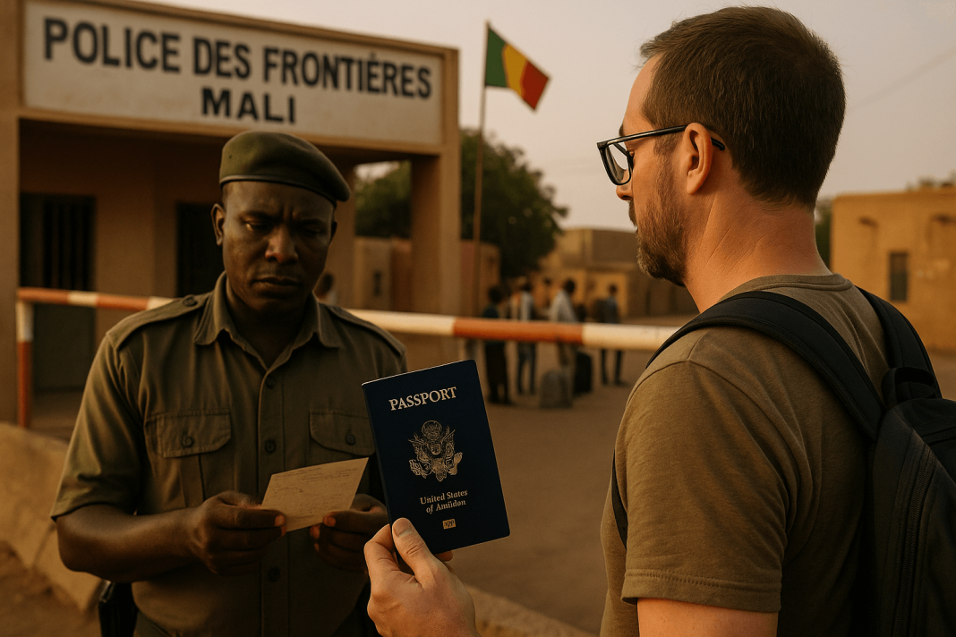 US traveler presents a US passport to a Malian border officer at a checkpoint, illustrating Mali’s new visa bond requirement