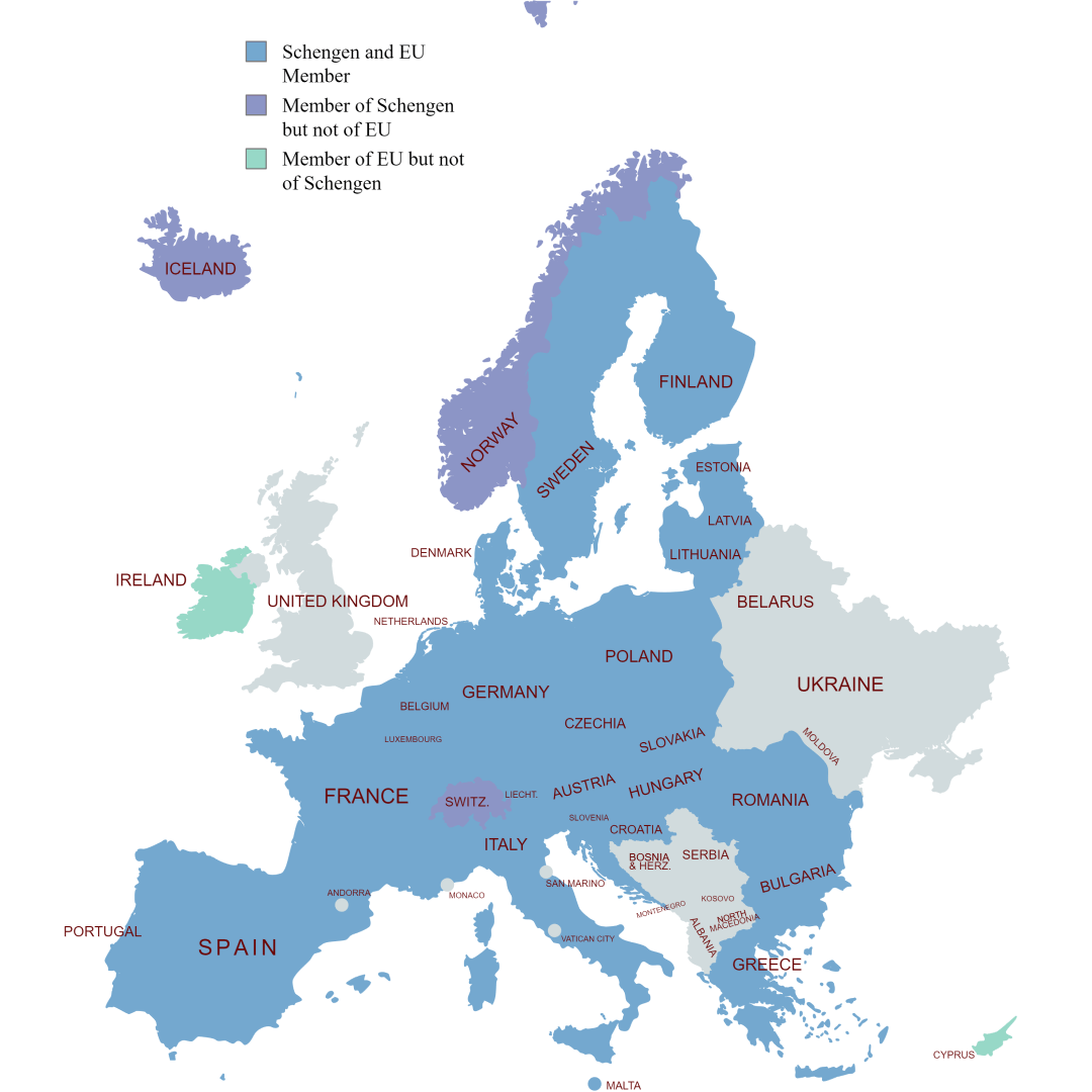 map of schengen countries in 2023